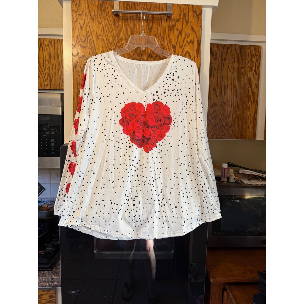 Womens White Long Sleeve Heart Rose Dot‎ V Neck Top Shirt